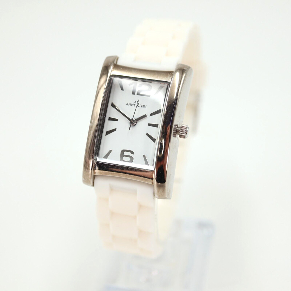 Anne Klein Womens Tank Watch 24mm Silver Tone Silicone 10/6463 New Battery